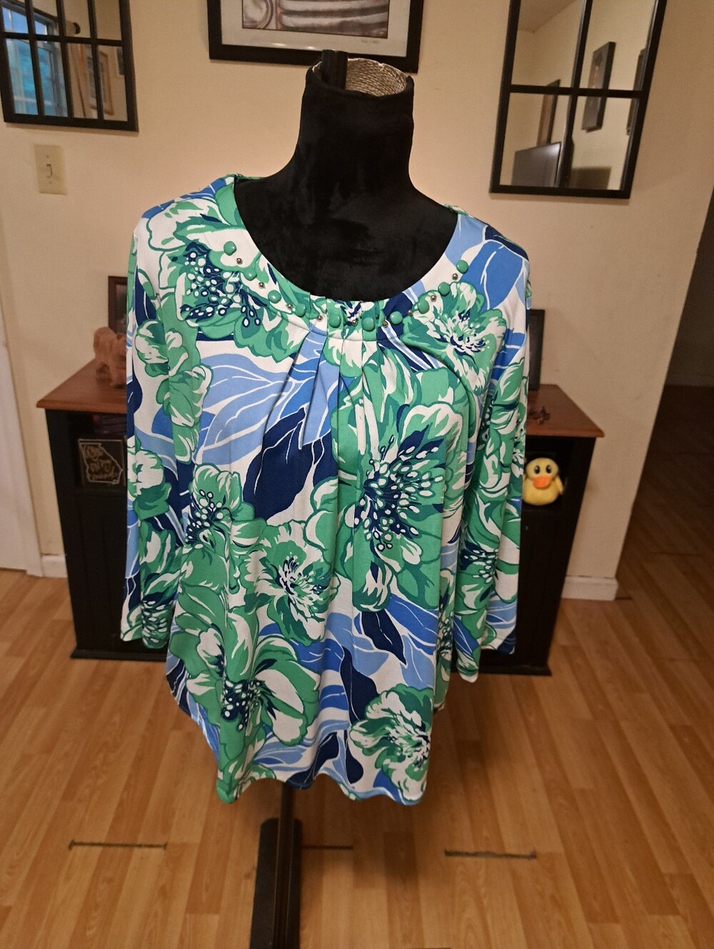Large Southern Lady Blue Green White Embellished Neck Pullover Shirt Top Blouse